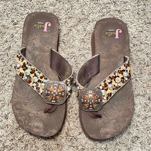 Justin Ladies Brown‎ Rhinestone Bling Western Wedge Flip Flops Sandals Size 8